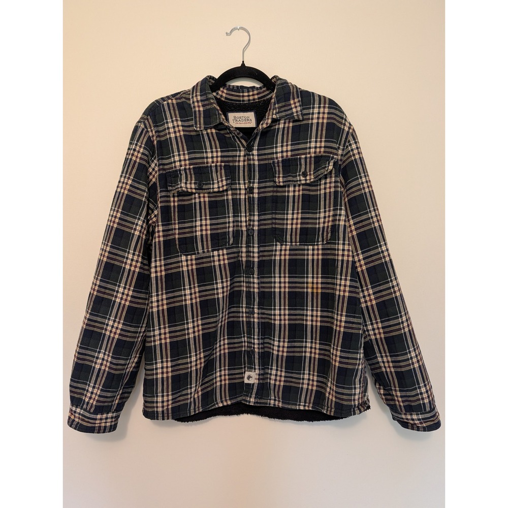 Boston Traders Sherpa Lined Flannel Shirt Mens Large Plaid Shacket Jacket 979740